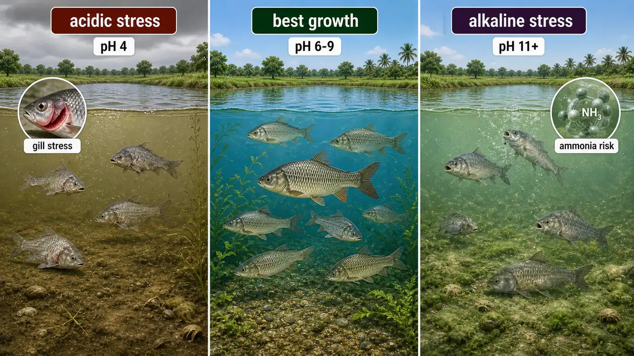 Fish health effects of acidic, neutral to optimal, and alkaline pond pH ranges
