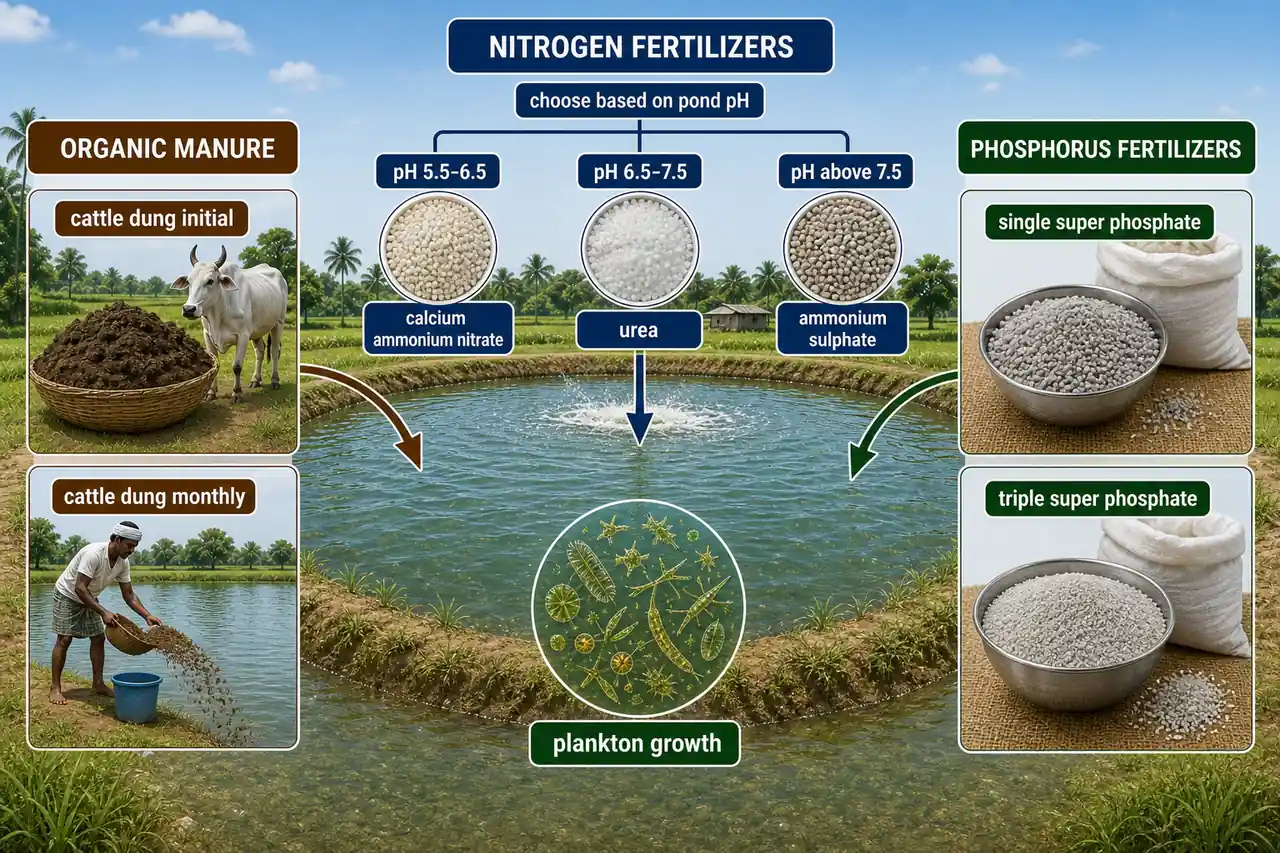 Pond fertilization schedule showing organic manure, pH-based nitrogen fertilizer choice, phosphorus inputs, and plankton growth goal