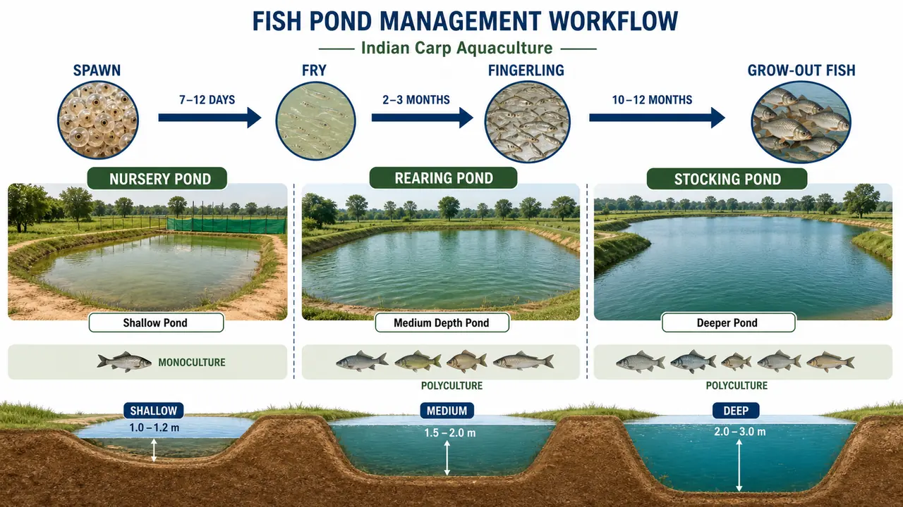 Fish pond management workflow showing nursery, rearing, and stocking ponds from spawn to fry to fingerling stages