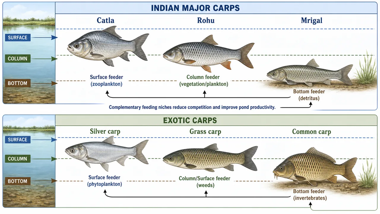 Carp culture overview showing six carp species occupying complementary pond niches in freshwater aquaculture