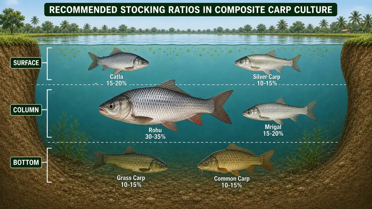 Composite carp culture stocking ratios showing Catla, Rohu, Mrigal, Silver Carp, Grass Carp, and Common Carp in correct pond zones