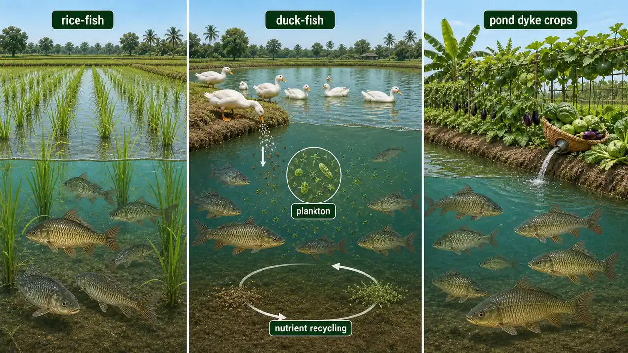 Integrated carp farming systems showing rice-fish, duck-fish, and pond-dyke horticulture connections