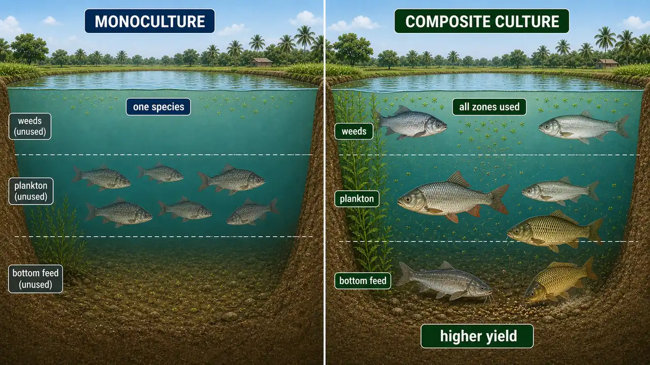 Monoculture versus polyculture pond comparison showing why six carp species use more food niches than a single species