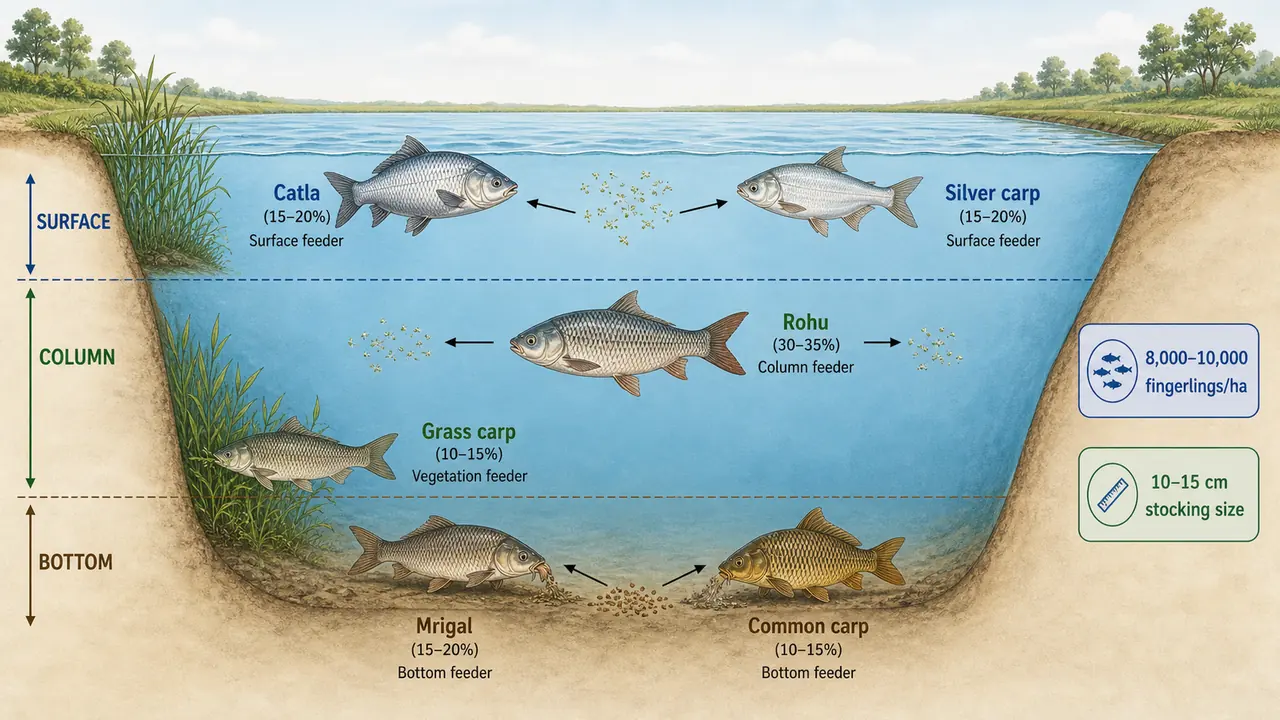 Composite fish culture pond layout showing six carp species occupying surface, column, and bottom niches with stocking ranges