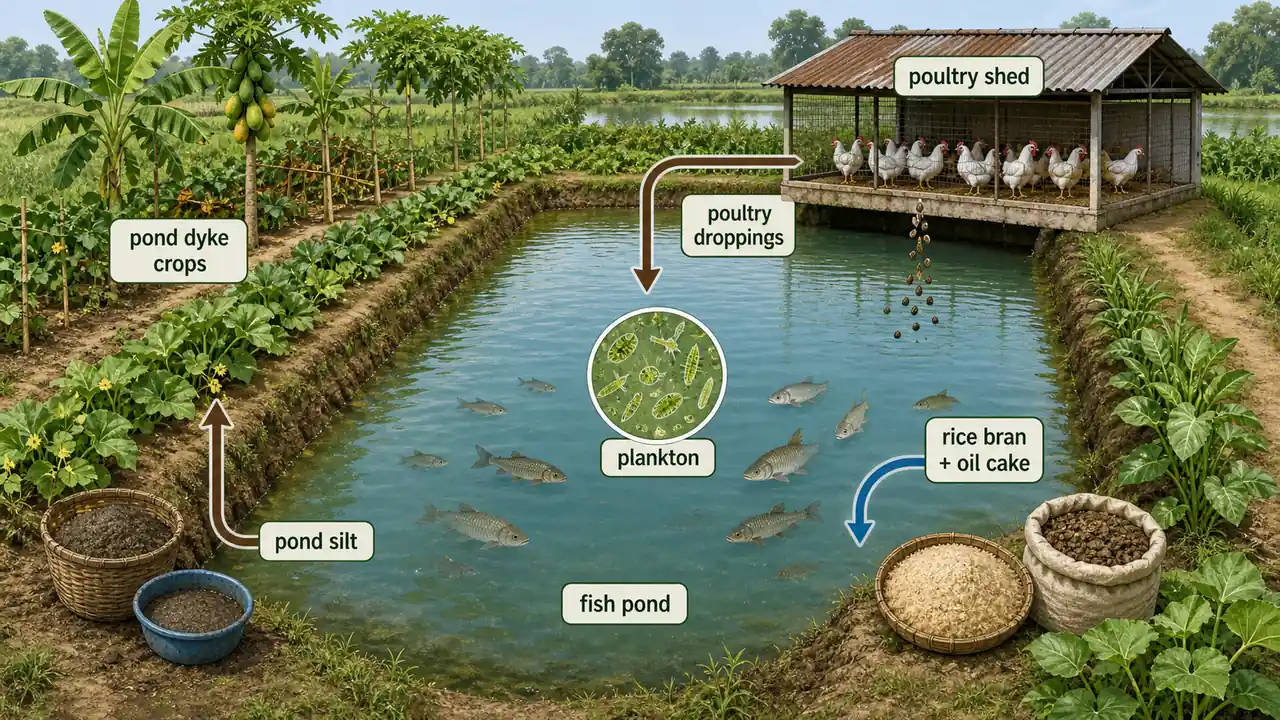 Integrated fish farming layout showing pond, dyke crops, poultry linkage, feed flow, and nutrient recycling