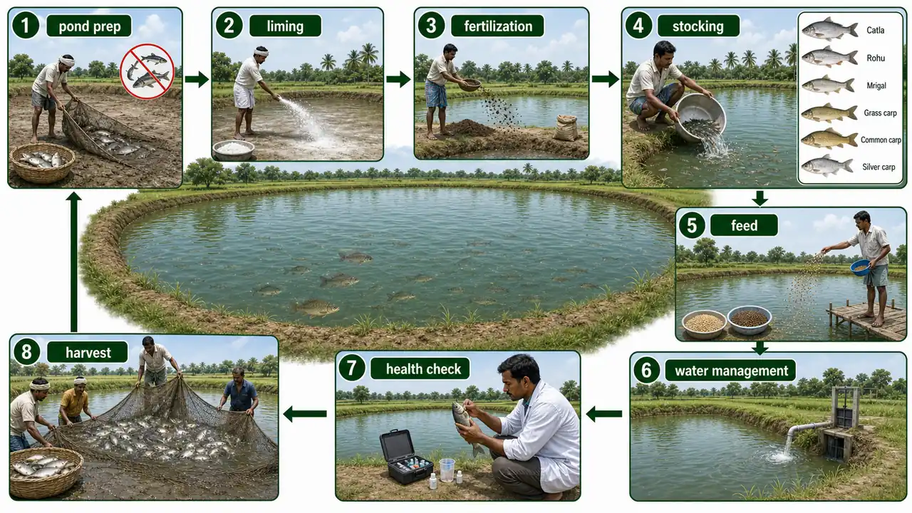 Composite fish culture workflow from pond preparation and liming to stocking, feeding, water management, health checks, and harvest