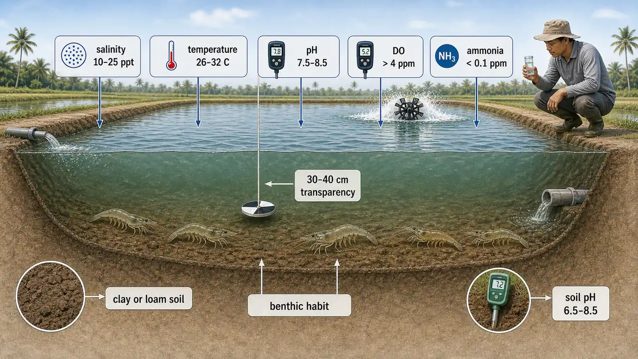 Shrimp pond management diagram showing brackish water quality ranges, transparency, ammonia control, and benthic shrimp habitat