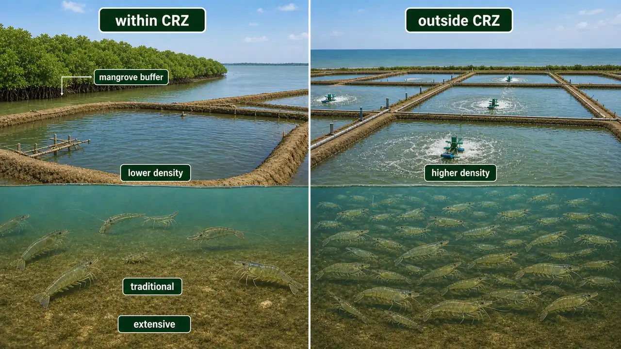 Shrimp pond comparison showing lower-density traditional culture within CRZ and higher-density culture outside CRZ