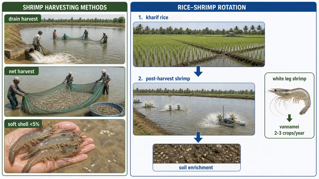Shrimp farming overview showing harvest methods, rice-shrimp rotation, and white leg shrimp crop-cycle advantage