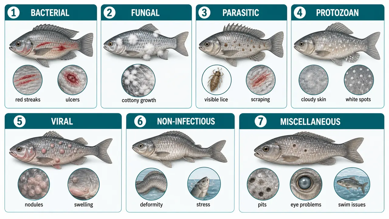 Fish disease recognition board showing major disease groups and their common visible symptoms