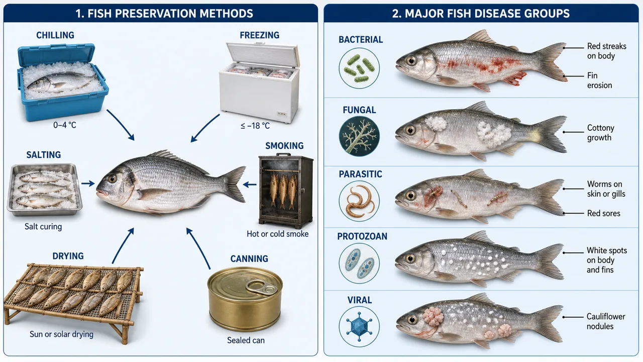 Fish preservation methods and major disease groups shown in one fisheries training diagram