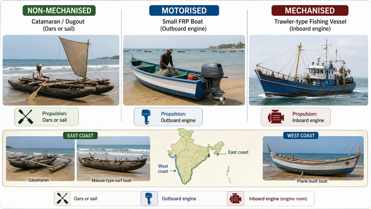 Fishing craft classification board showing non-mechanised, motorised, and mechanised Indian fishing boats with coastal examples