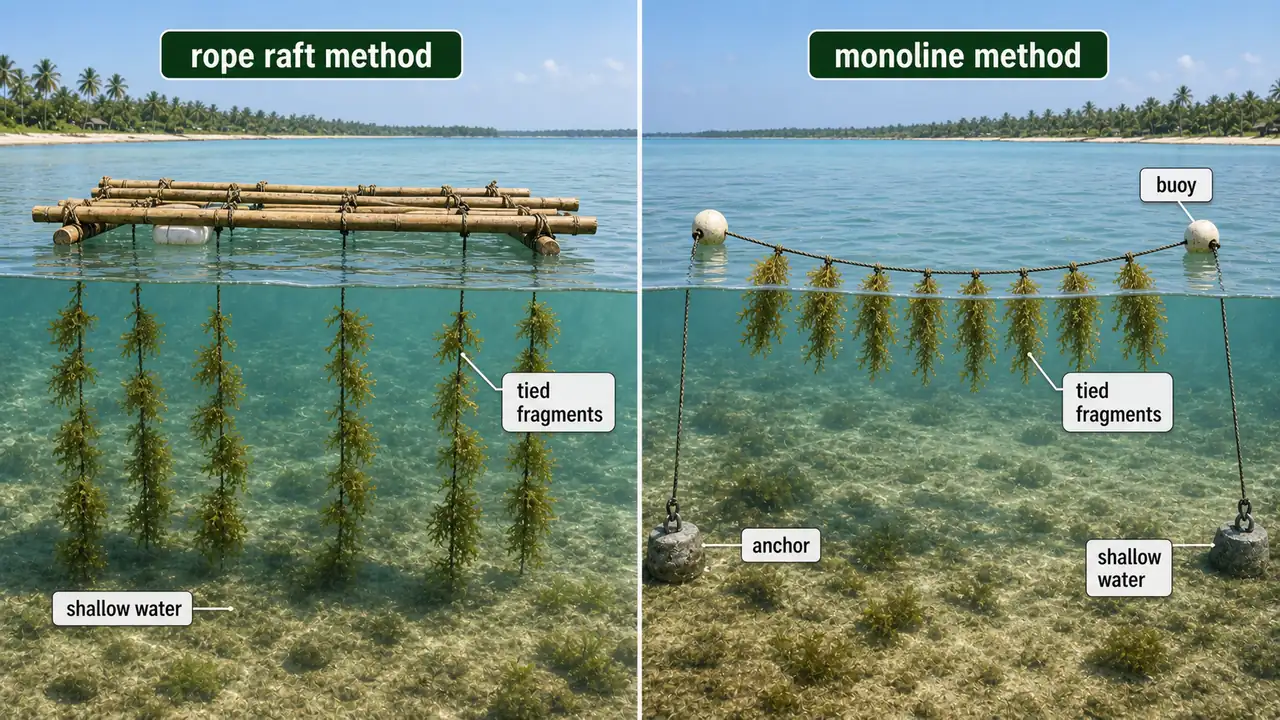 Seaweed cultivation board showing rope raft and monoline methods in shallow coastal mariculture
