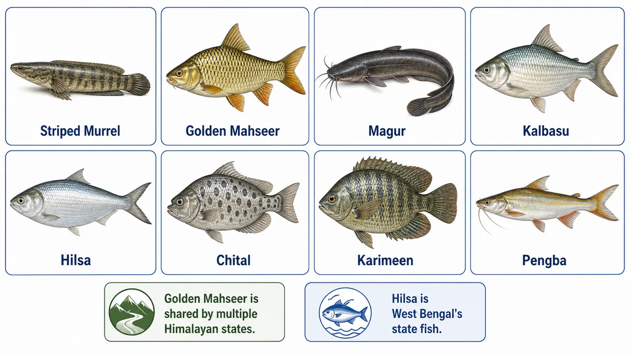 State fishes of India board showing Striped Murrel, Golden Mahseer, Magur, Kalbasu, Hilsa, Chital, Karimeen, and Pengba