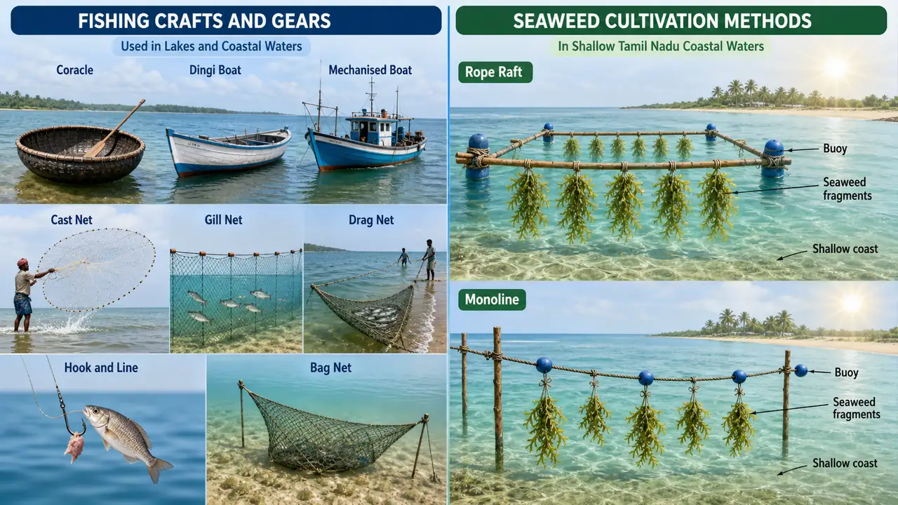 Indian fishing crafts, fishing gears, and seaweed rope and monoline cultivation methods in one visual