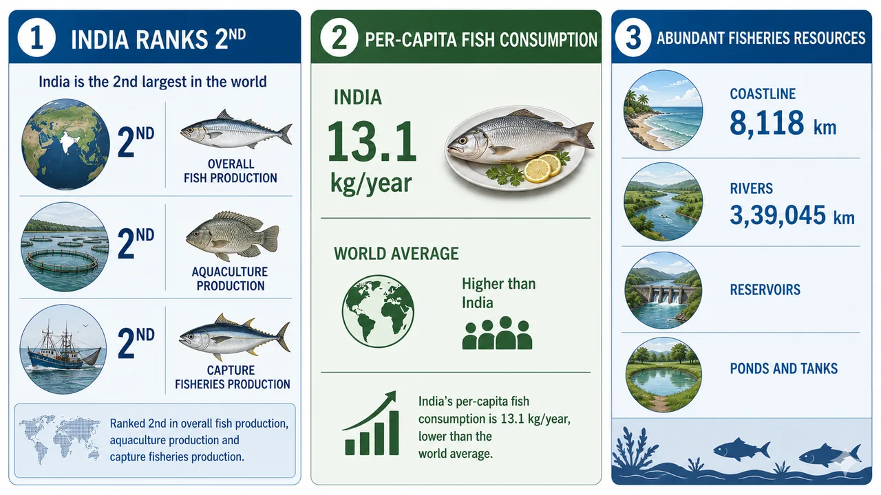 Fisheries statistics overview showing India's global rank, production context, fish consumption, and resource base
