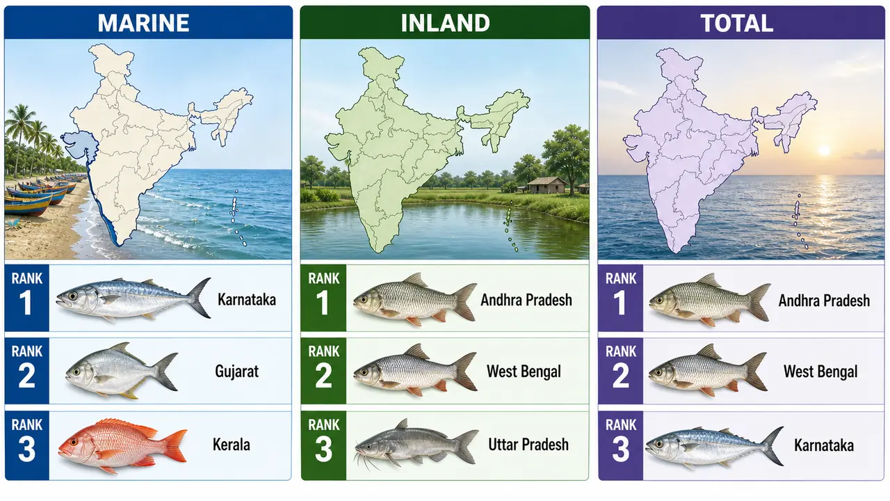 State production ranking board showing Andhra Pradesh, West Bengal, Karnataka, and other leading fisheries states