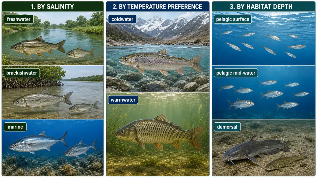 Fish classification board comparing freshwater, brackishwater, and marine fish, coldwater and warmwater fish, and pelagic versus demersal habitat depth
