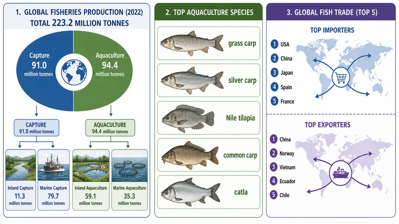 Global fisheries board showing total production split between capture and aquaculture, major aquaculture species, and trade leaders