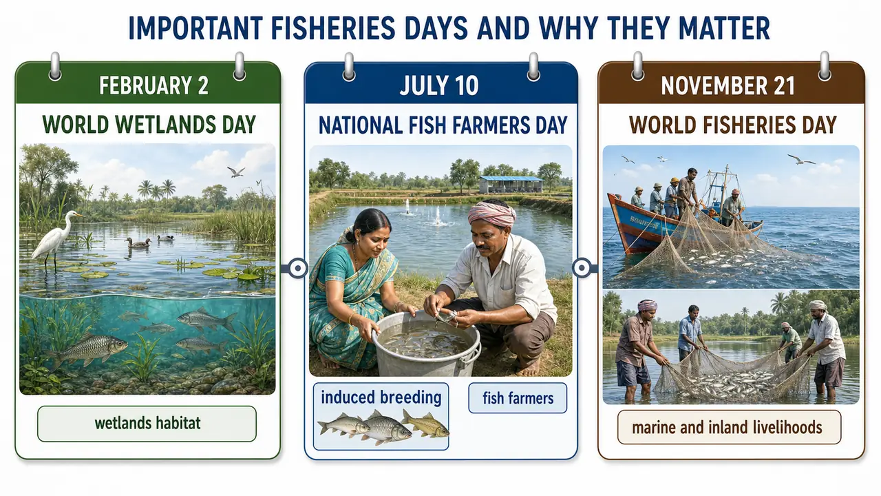 Important fisheries days calendar showing World Wetlands Day, National Fish Farmers Day, and World Fisheries Day