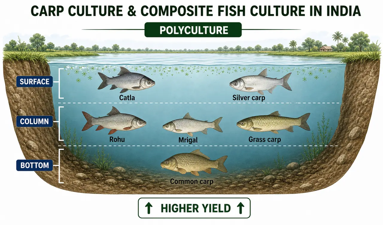Annotated aquaculture systems panel showing fish seed stages, culture intensities, pond, cage, pen, raceway, RAS, and integrated fish farming