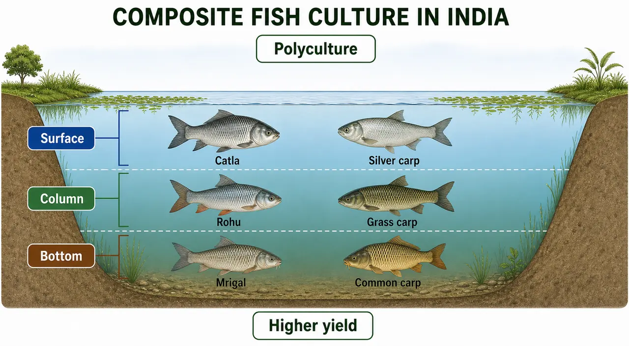 Annotated composite carp culture panel showing six carp species correctly arranged across surface, column, and bottom feeding zones