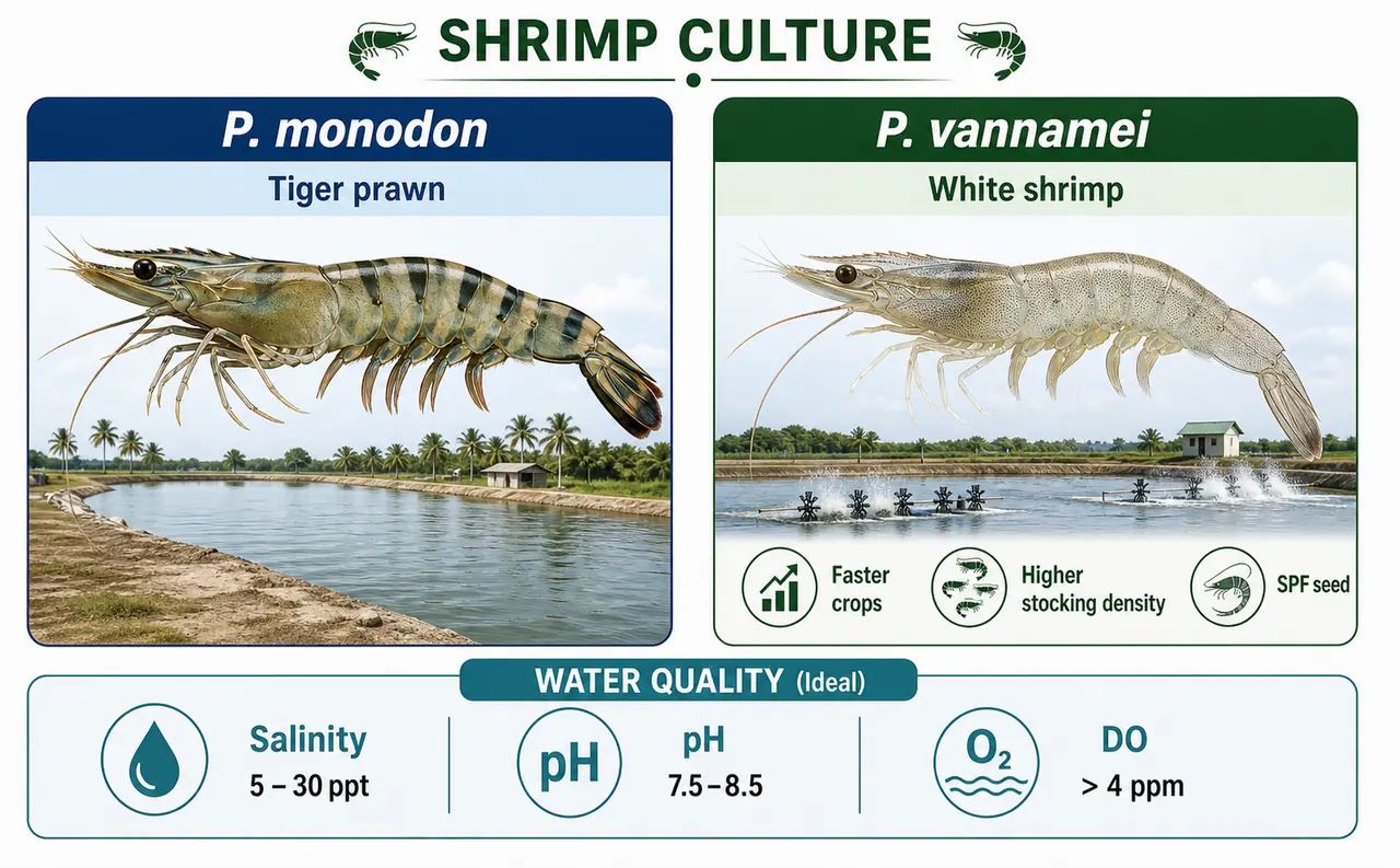 Annotated shrimp culture panel comparing Penaeus monodon and Penaeus vannamei with key water quality parameters