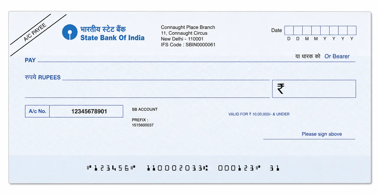 Realistic cheque specimen showing account payee crossing on the face of the cheque