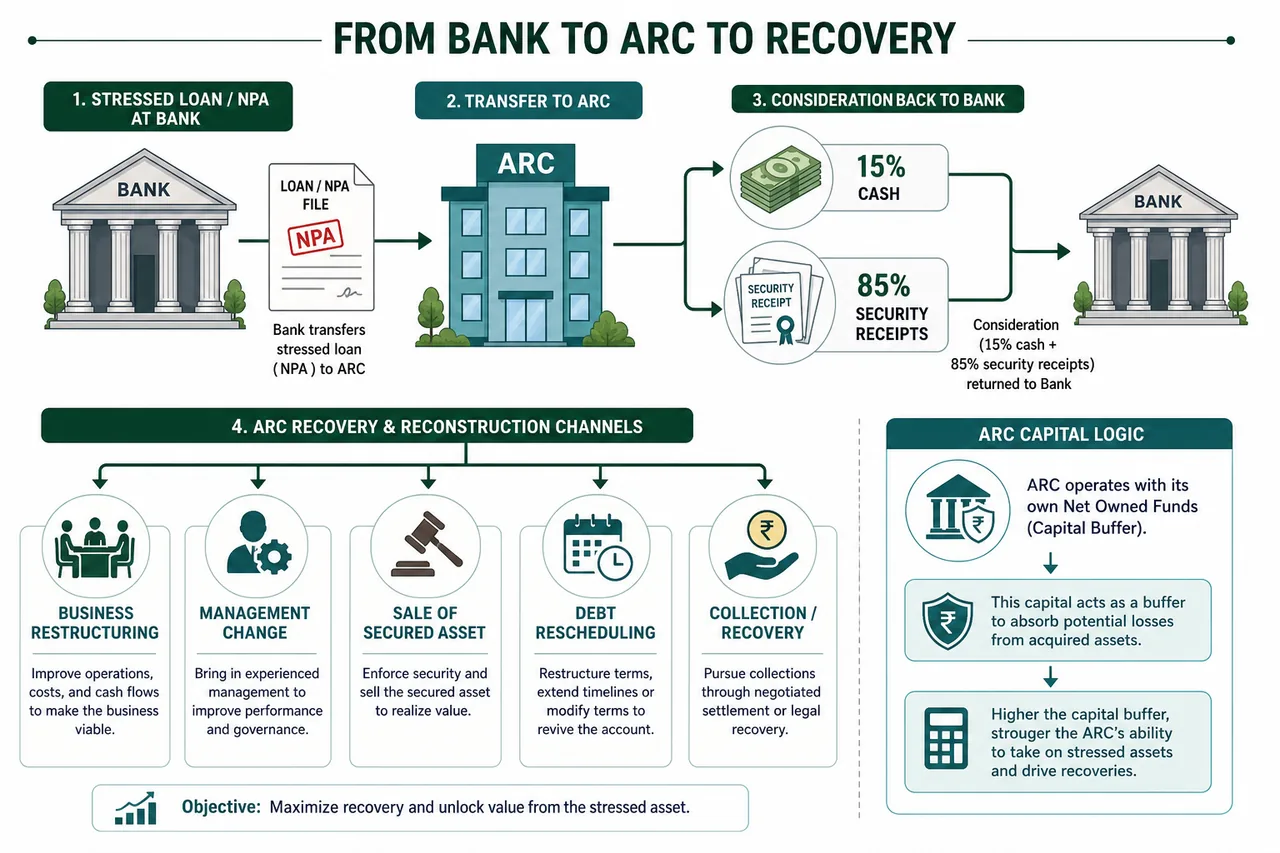 ARC acquisition flow in banking showing a bank transferring an NPA to an asset reconstruction company for cash plus security receipts and later recovery or reconstruction actions