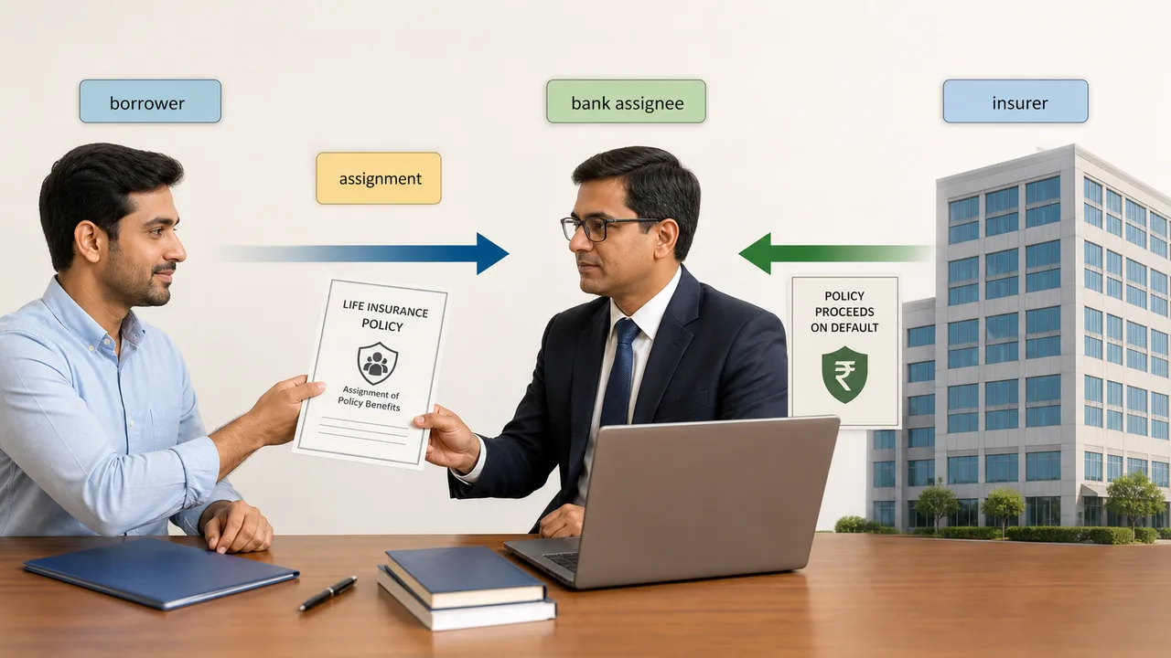 Assignment of an actionable claim in banking showing the borrower transferring life insurance policy rights to the bank and the insurer paying policy proceeds to the bank on default
