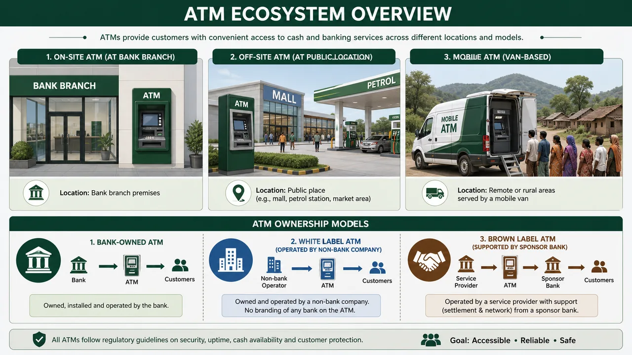 ATM types and ownership overview showing on-site, off-site, and mobile ATMs alongside bank-owned, white label, and brown label operating models