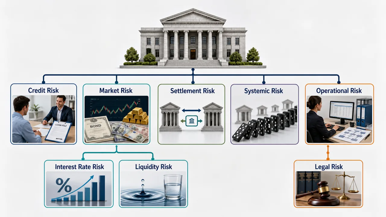 Banking risk hierarchy showing credit risk, market risk, settlement risk, systemic risk, operational risk, and the subtypes interest rate risk, liquidity risk, and legal risk