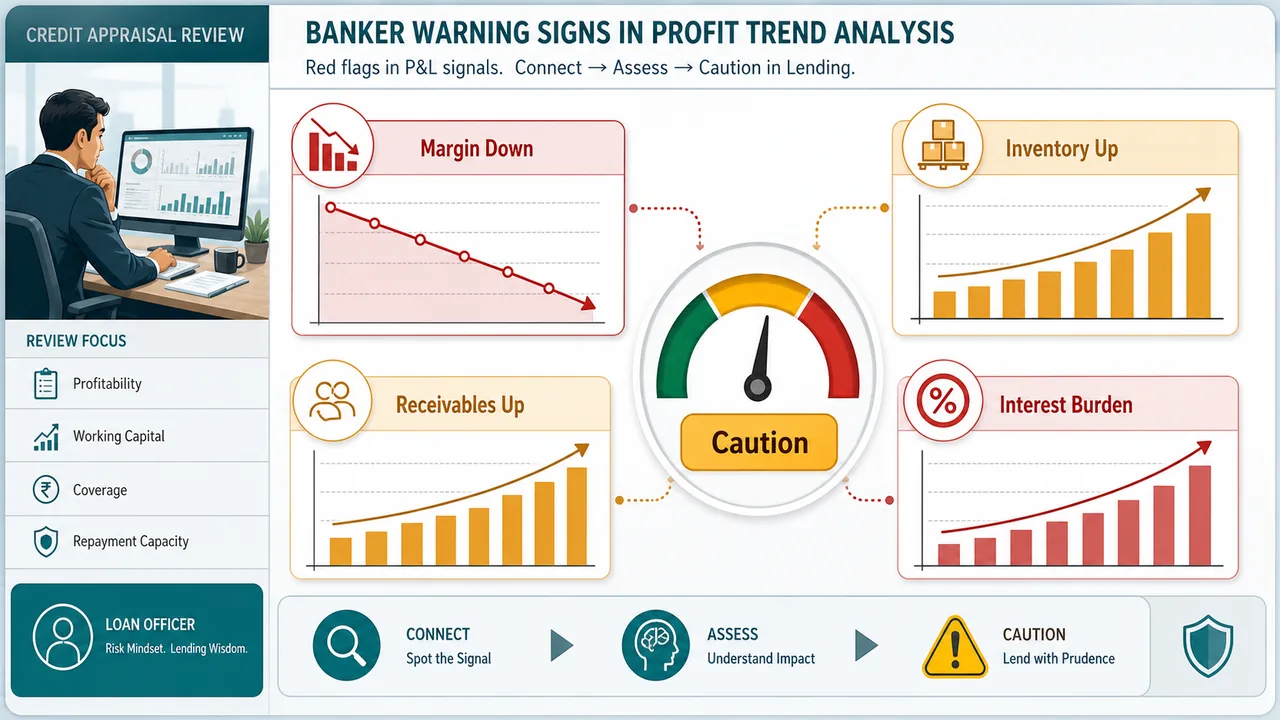 Banker dashboard of profit trend warning signs showing shrinking margin, rising inventory, rising receivables, and interest burden