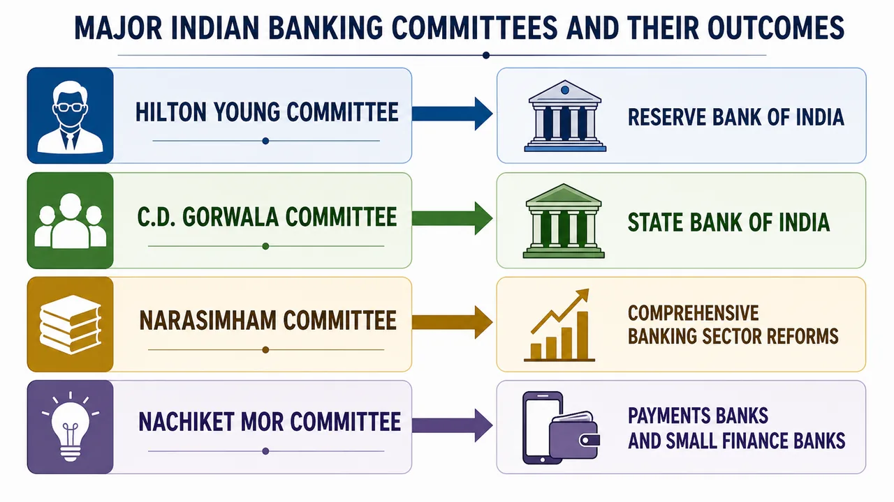 Major Indian banking committees linked to their outcomes such as RBI creation, SBI formation, banking reforms, and new banking models for financial inclusion