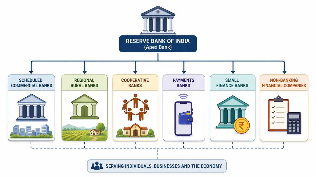 Hierarchy of banking institutions in India showing RBI at the apex with scheduled commercial banks, regional rural banks, cooperative banks, payments banks, small finance banks, and NBFCs
