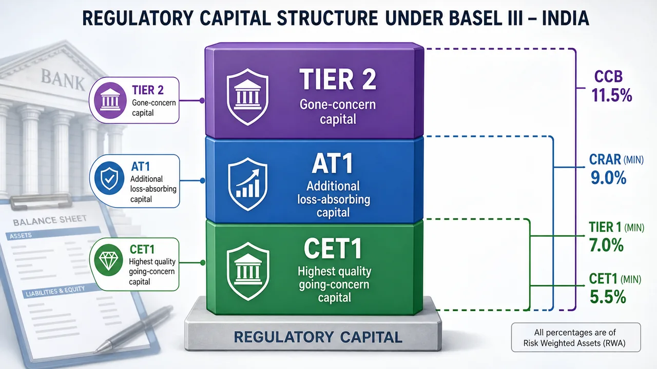 Basel III capital structure in India showing CET1, AT1, Tier 2, minimum Tier 1, CRAR, and capital conservation buffer thresholds