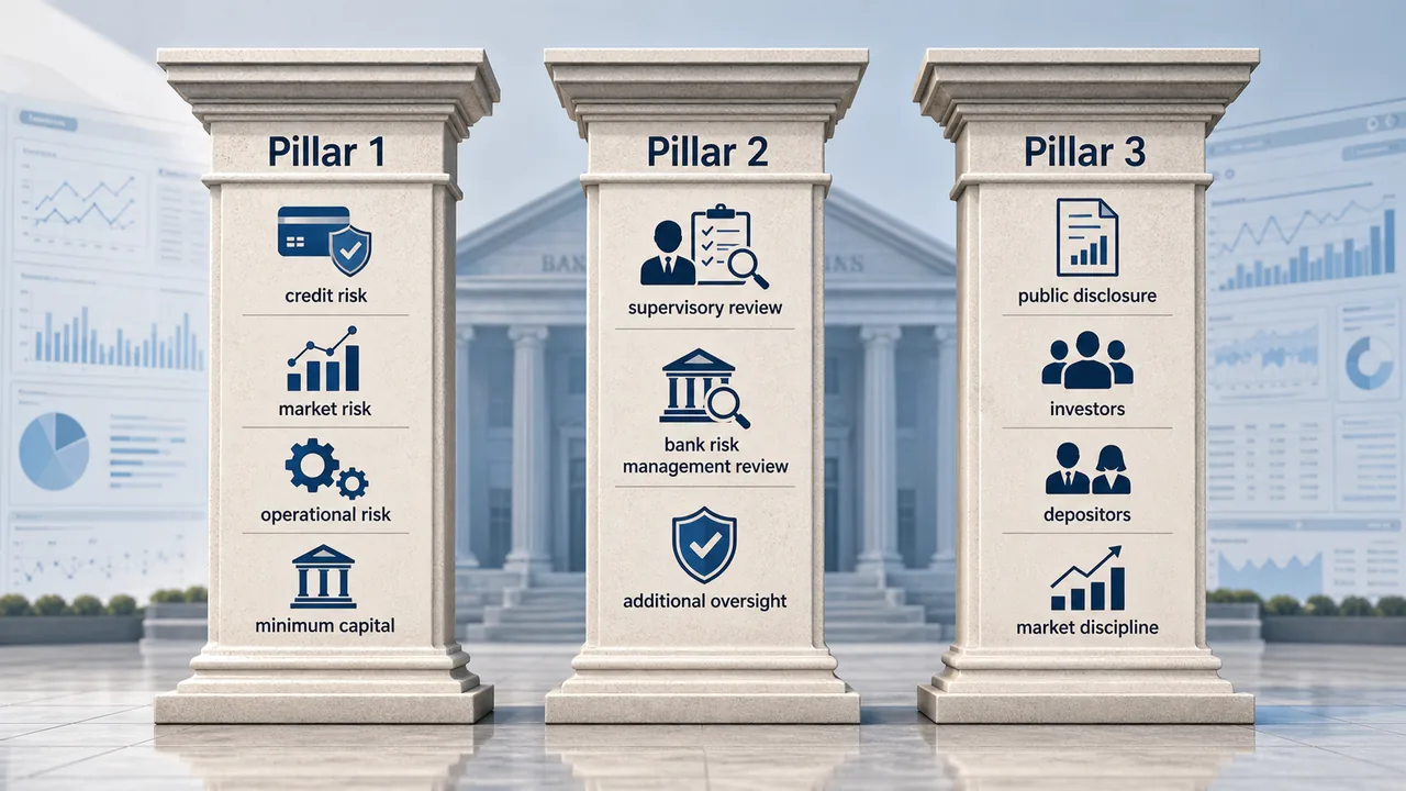 Basel banking regulation three-pillar framework showing Pillar 1 minimum capital, Pillar 2 supervisory review, and Pillar 3 market discipline