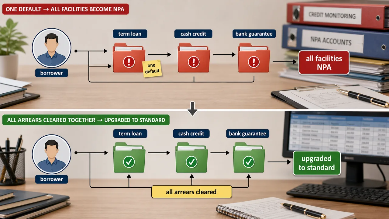Borrower-wise NPA classification and upgradation visual for banking exams showing one default causing all linked facilities to become NPA and full regularization restoring standard status