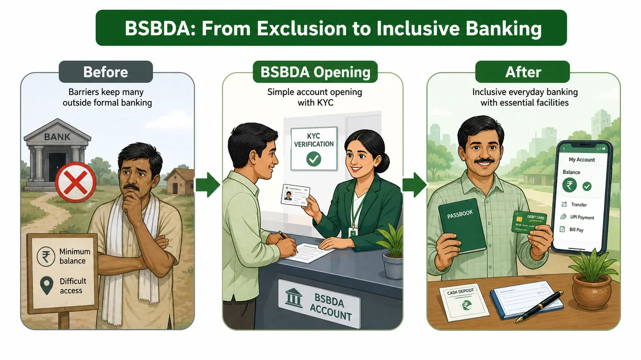 BSBDA customer journey in Indian banking showing movement from financial exclusion to simple account opening and inclusive everyday banking access