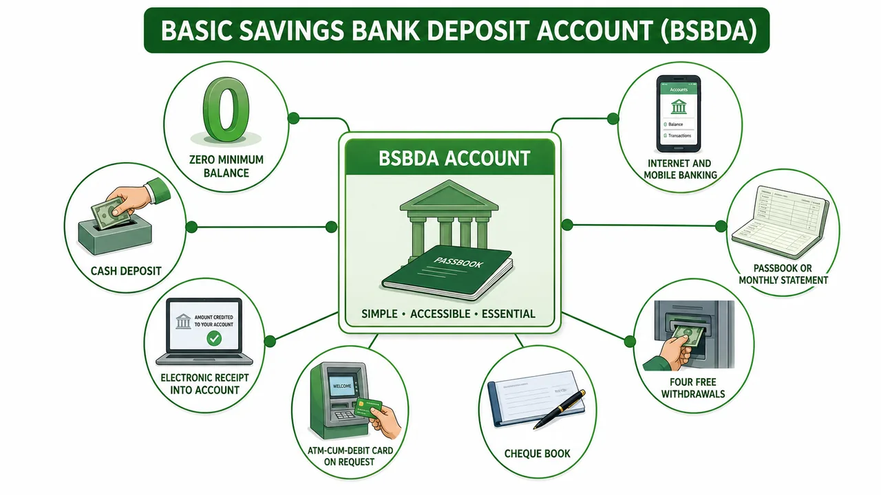 BSBDA free facilities overview in Indian banking showing zero minimum balance, deposits, electronic receipts, debit card, cheque book, mobile banking, statement, and withdrawals