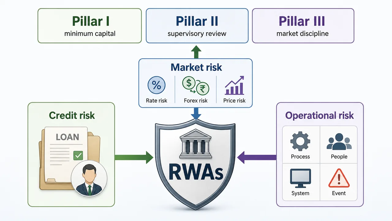 Capital adequacy framework showing credit risk, market risk, operational risk, risk weighted assets, and Basel Pillar I Pillar II Pillar III