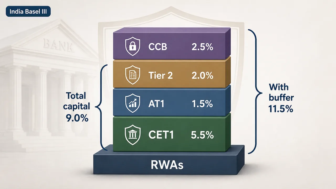 India Basel III capital adequacy stack showing CET1 AT1 Tier 2 and capital conservation buffer over risk weighted assets