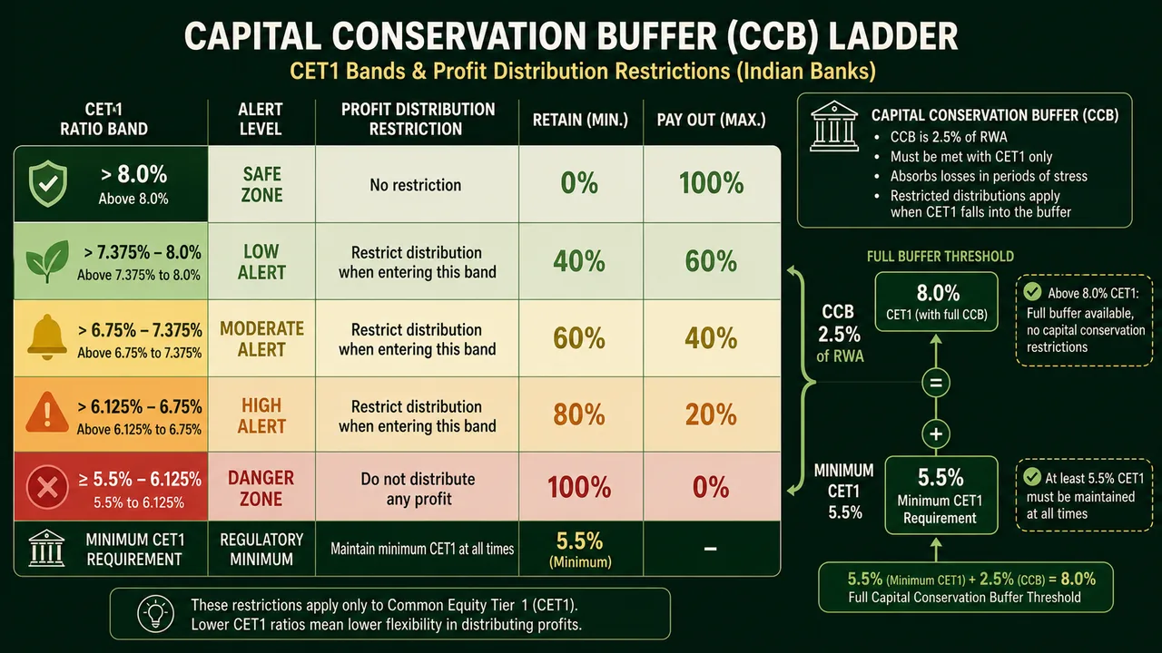 Capital conservation buffer ladder for Indian banks showing CET1 bands from 5.5 percent to above 8.0 percent with minimum retention and maximum payout limits