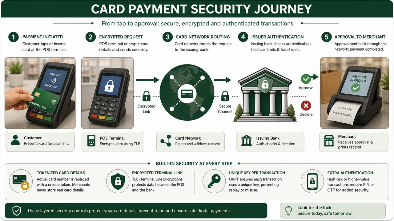 Card payment security journey from customer card and POS terminal to card network, issuing bank authentication, and approved merchant payment