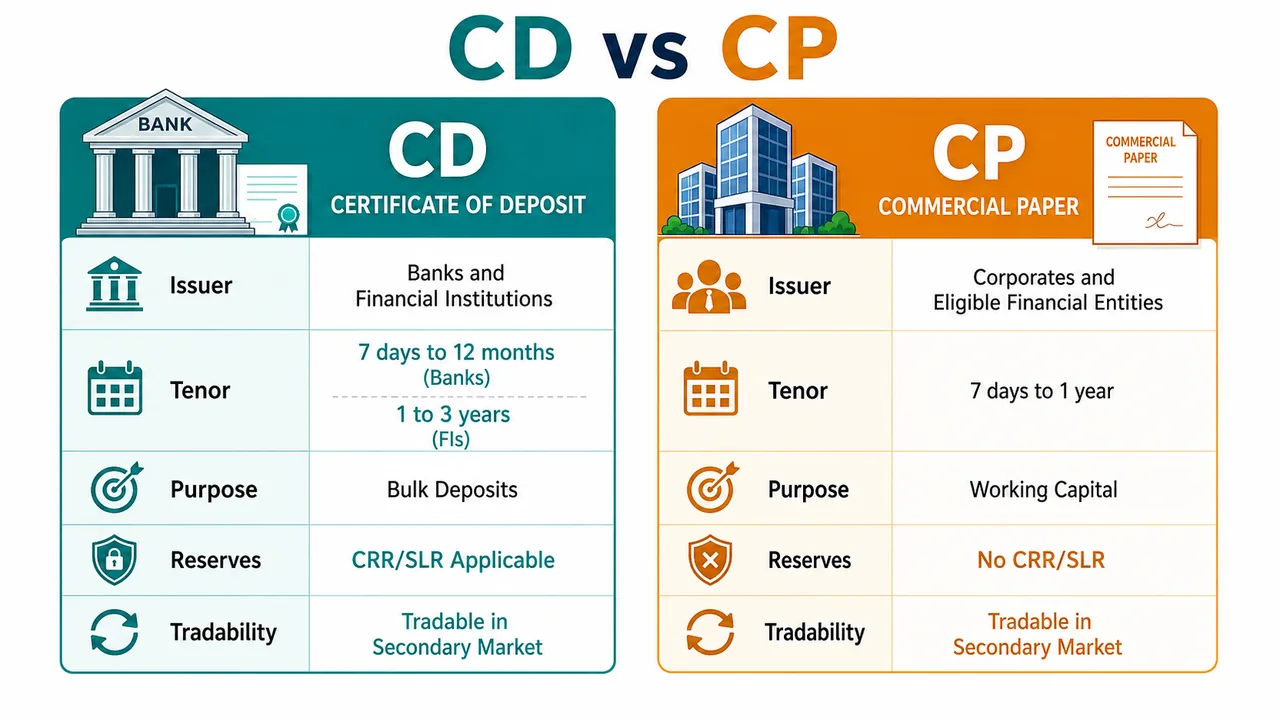 CD versus CP comparison for banking exams showing issuer, tenor, purpose, reserve treatment, and secondary market tradability