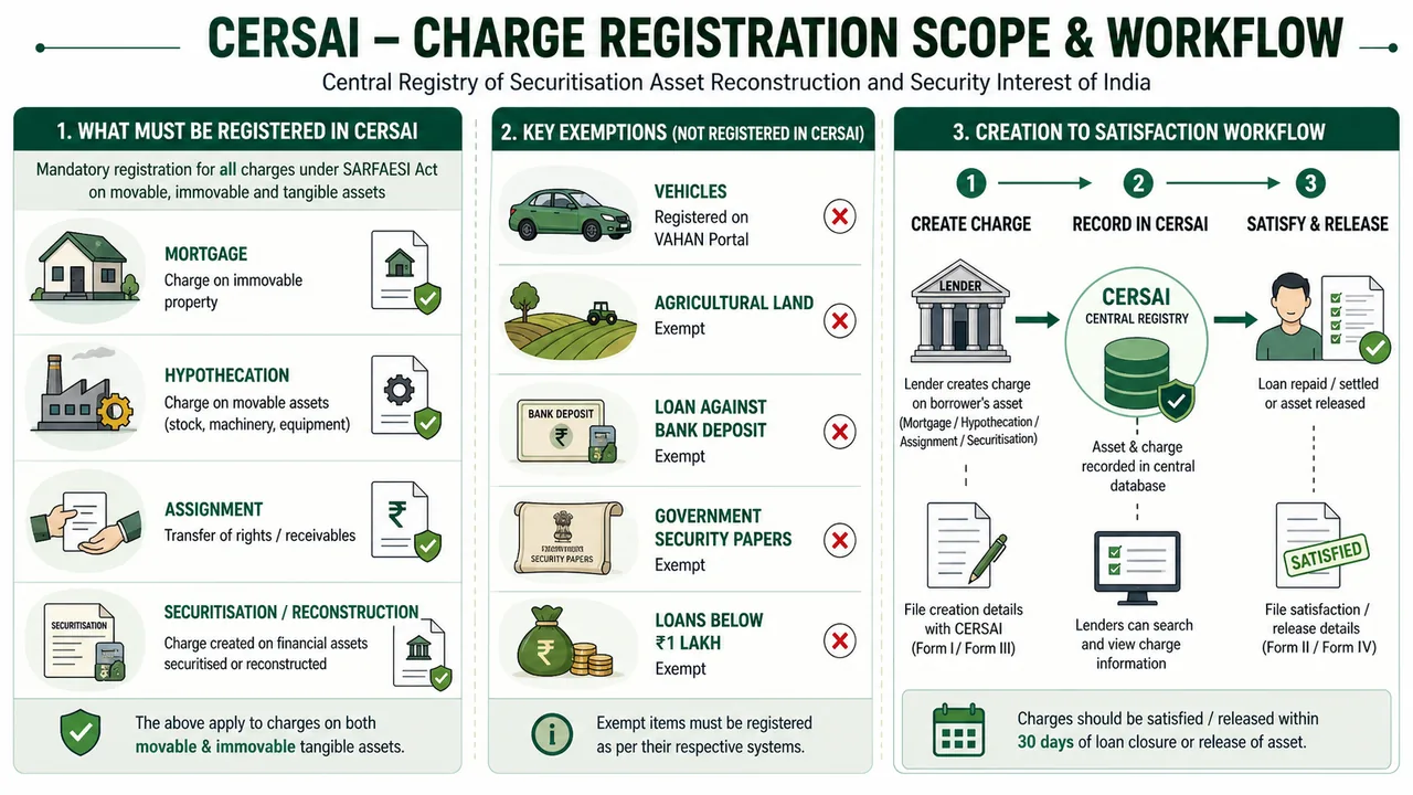 CERSAI charge registration scope for banking exams showing mandatory charge types, major exemptions, and the creation to satisfaction filing flow