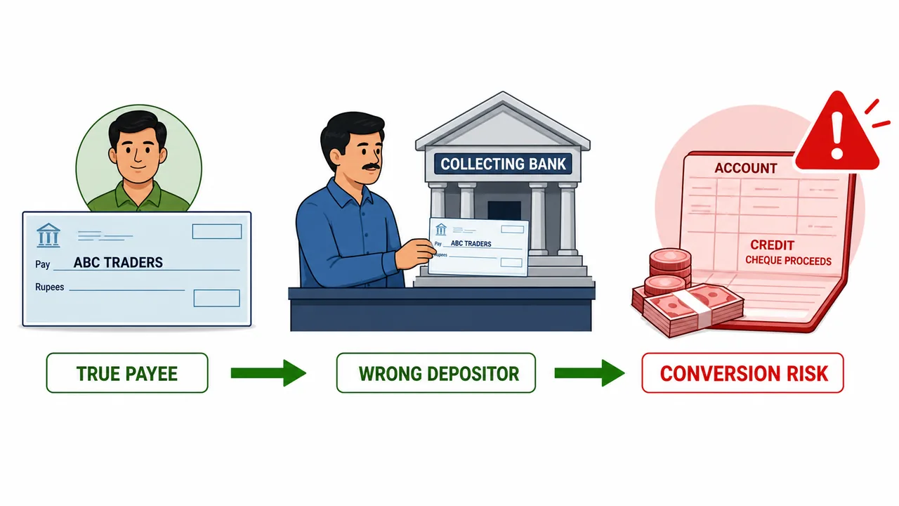 Cheque conversion risk flow showing a collecting bank crediting cheque proceeds to the wrong depositor instead of the true payee