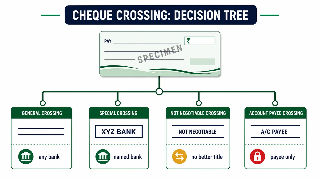 Cheque crossing decision tree comparing general, special, not negotiable, and account payee crossings with their payment effect