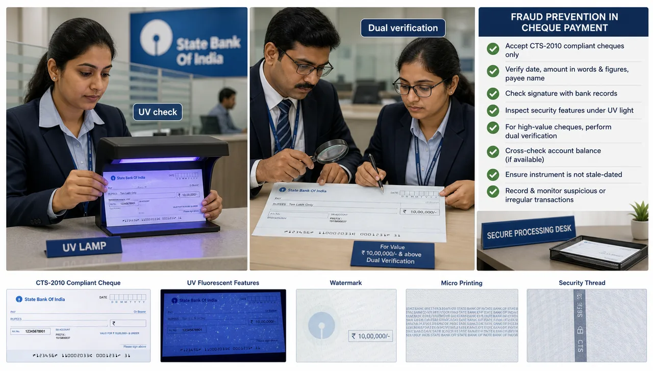 Bank officers checking a high-value cheque under UV light and dual verification as part of fraud prevention