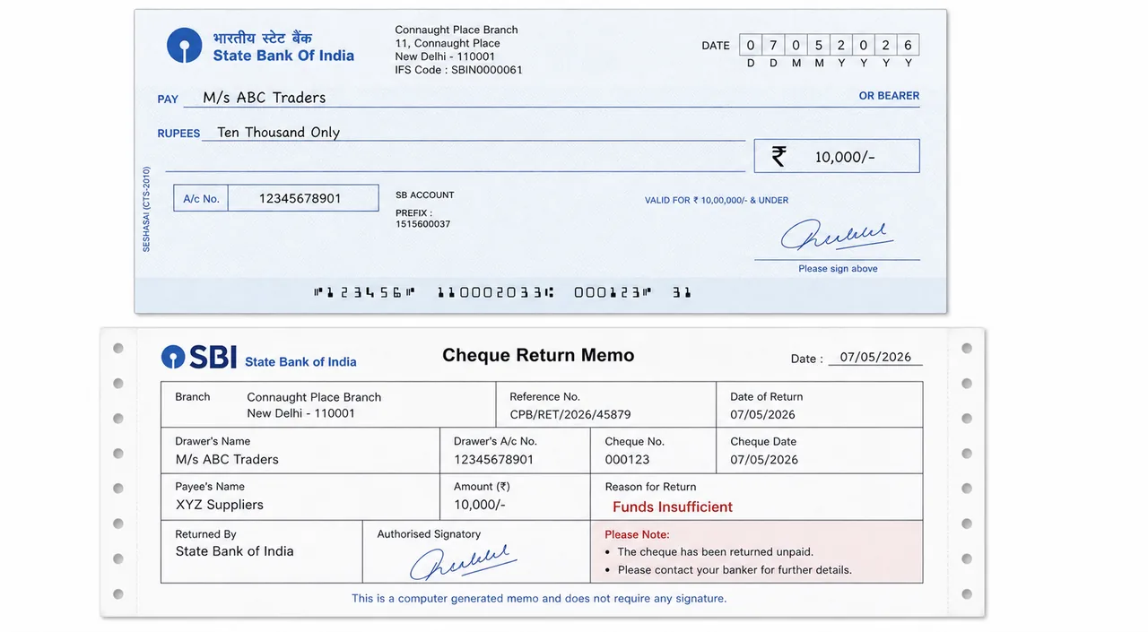 Dishonoured cheque shown with a bank return memo marked funds insufficient
